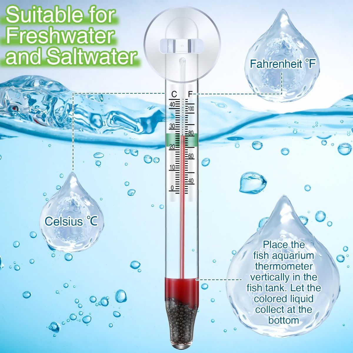 2-Piece Floating Glass Aquarium Thermometers with Suction Cups – Mercury-Free Temperature Monitor for Freshwater & Saltwater Fish Tanks