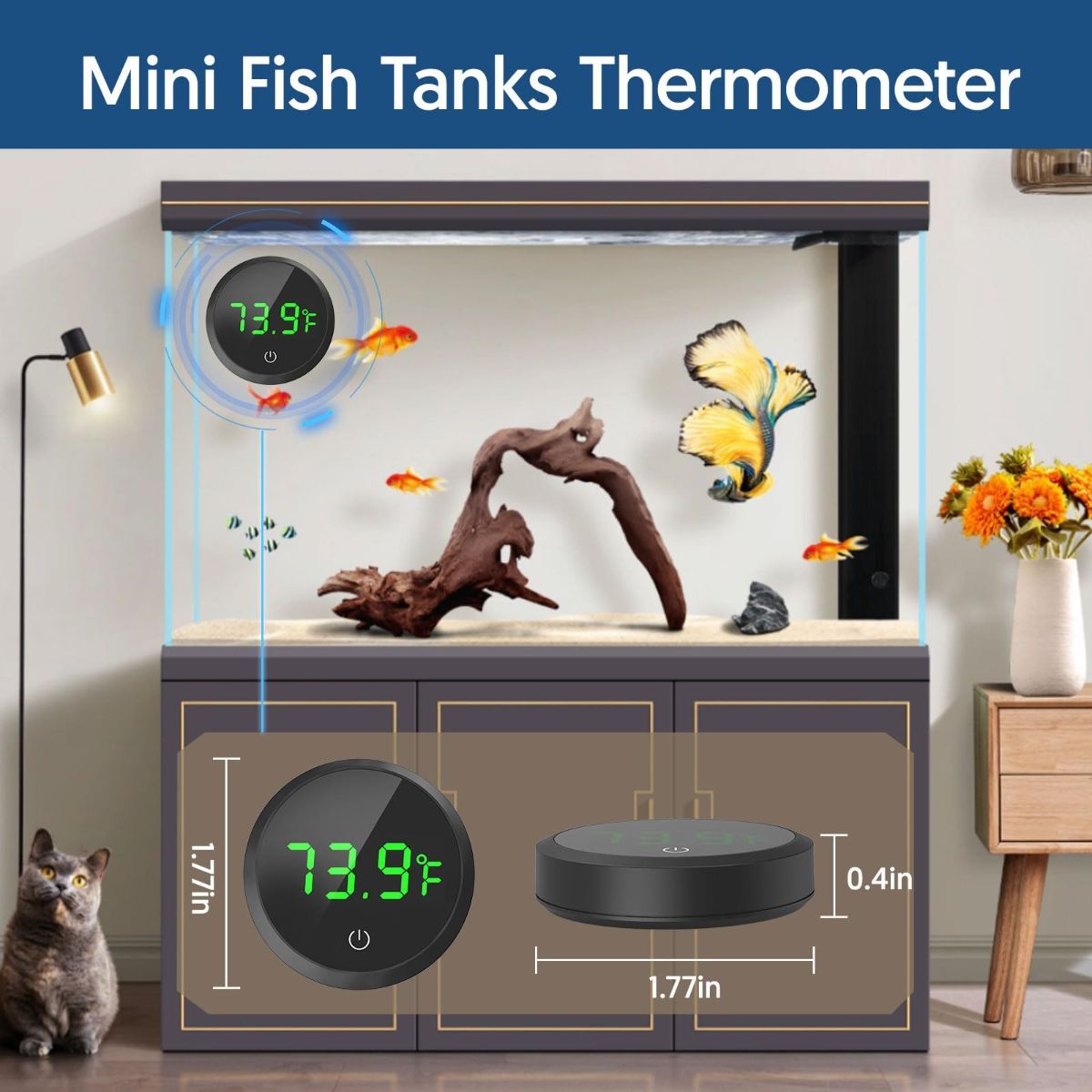 Digital Fish Tank Thermometer with LED Display & Touch Control – Wireless Aquarium Temperature Monitor ±1°F, Black, 1.77in