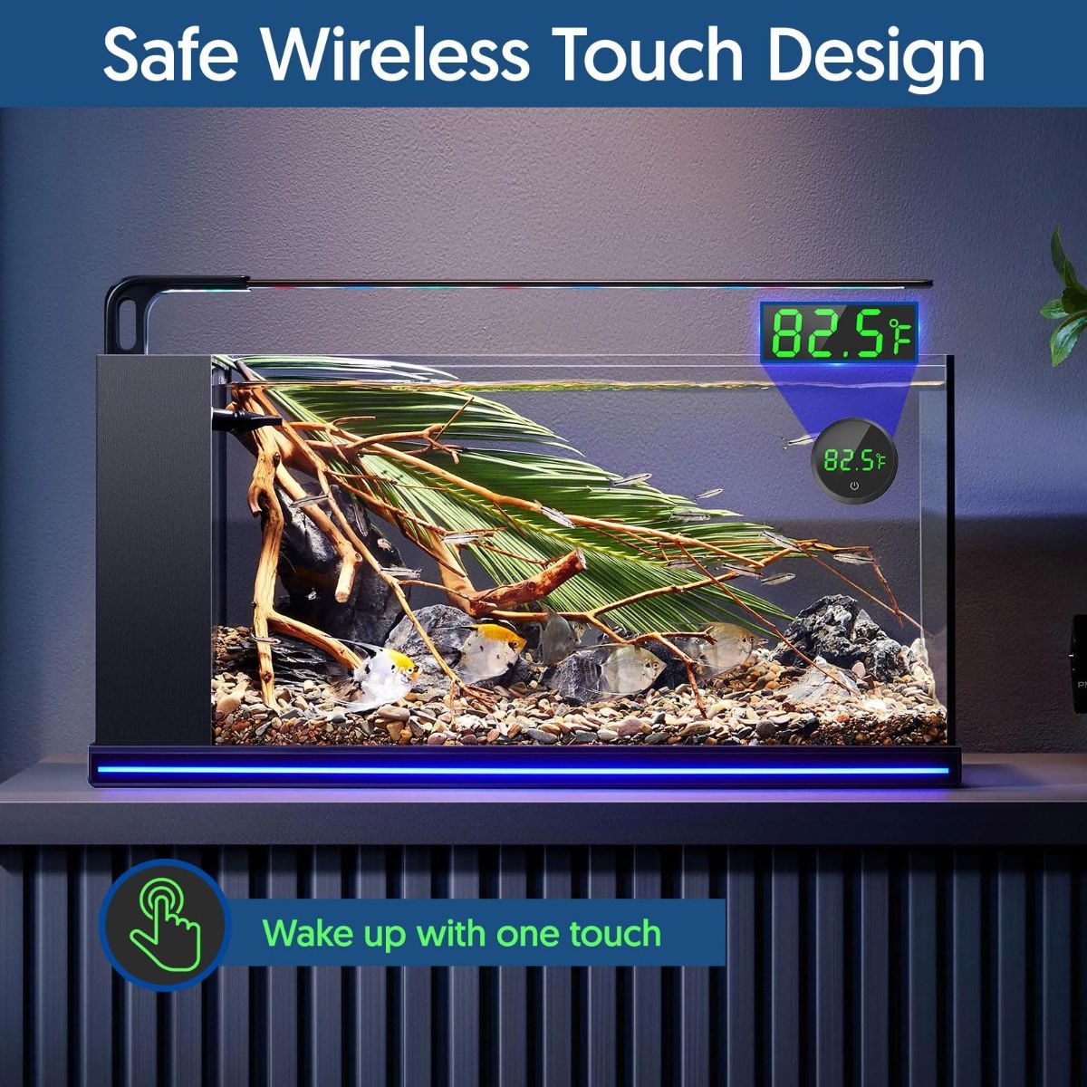 Digital Fish Tank Thermometer with LED Display & Touch Control – Wireless Aquarium Temperature Monitor ±1°F, Black, 1.77in