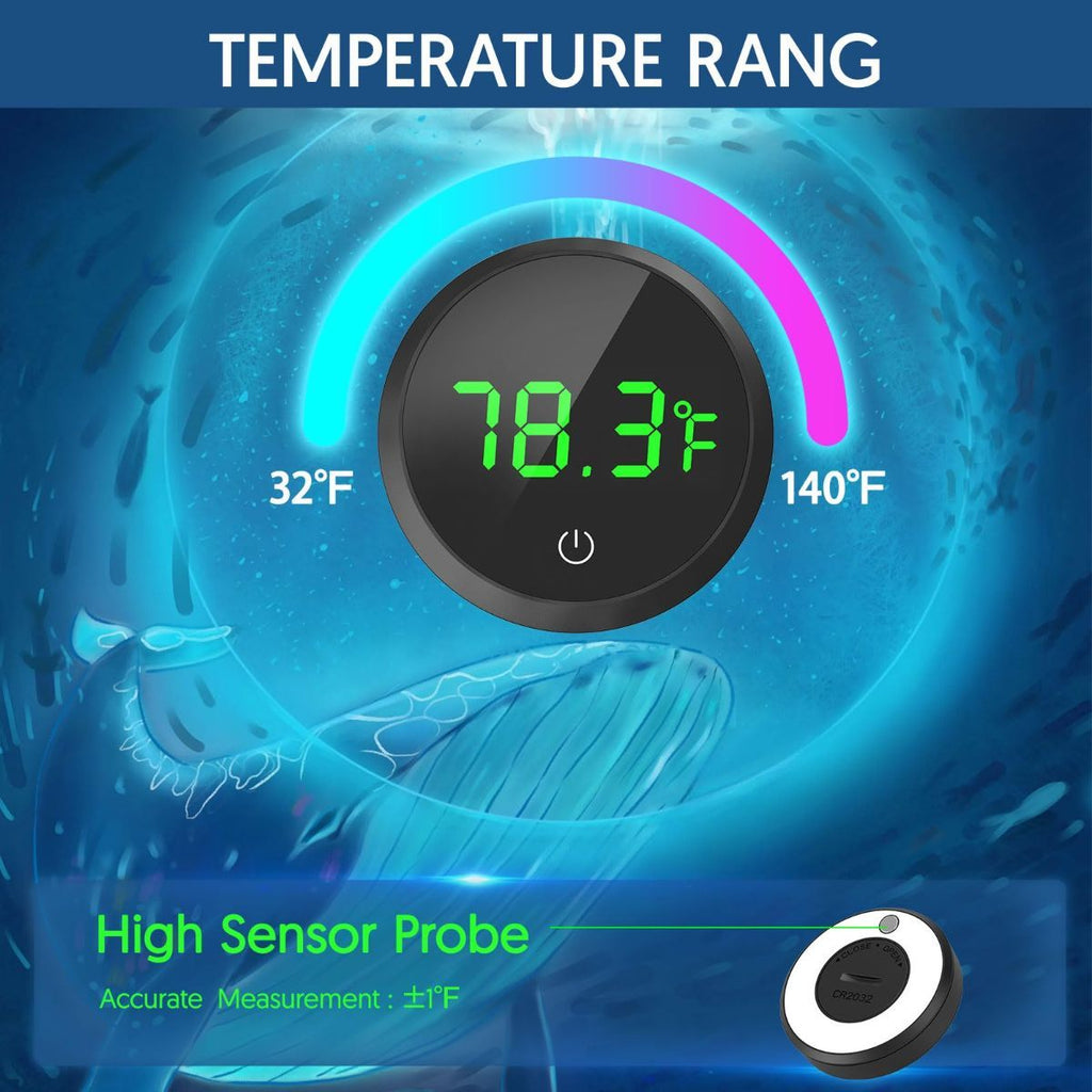 Digital Fish Tank Thermometer with LED Display & Touch Control – Wireless Aquarium Temperature Monitor ±1°F, White, 1.77in