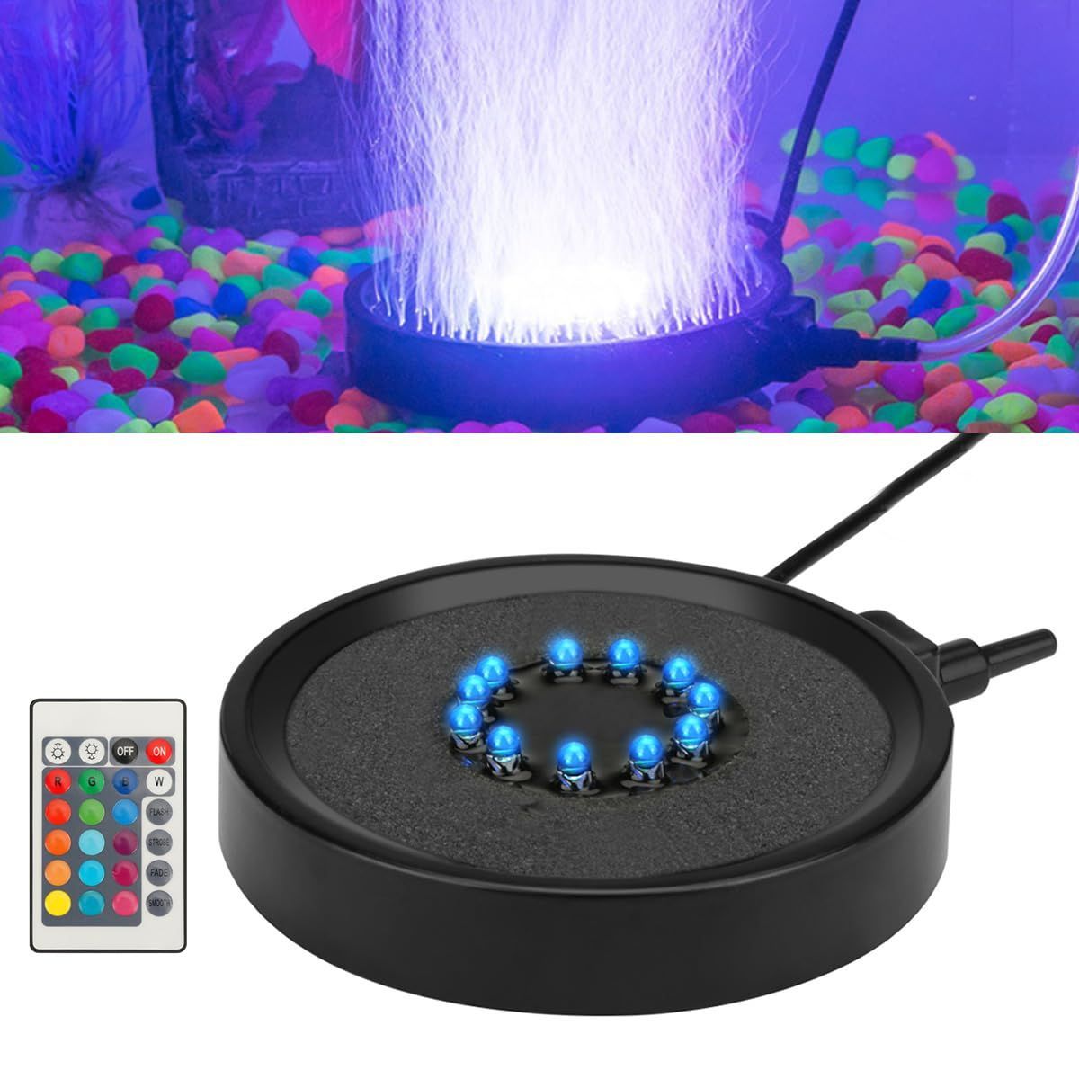 LED Aquarium Bubble Light & Air Stone Bubbler with Remote – 16 Colors & 4 Lighting Effects for Fish Tanks & Ponds