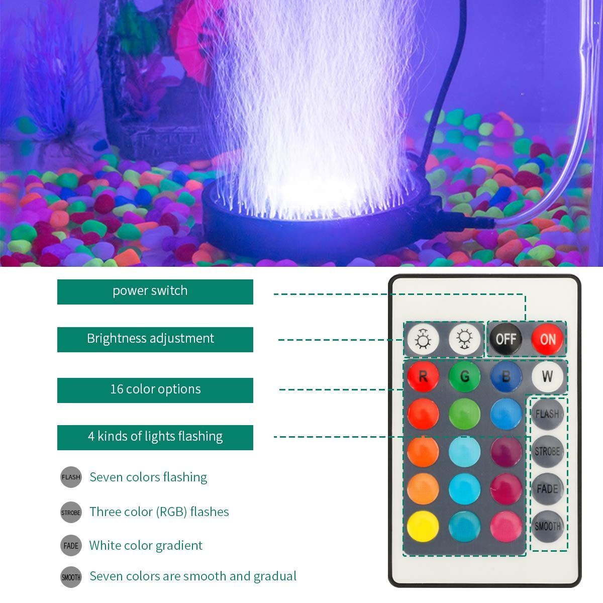LED Aquarium Bubble Light & Air Stone Bubbler with Remote – 16 Colors & 4 Lighting Effects for Fish Tanks & Ponds
