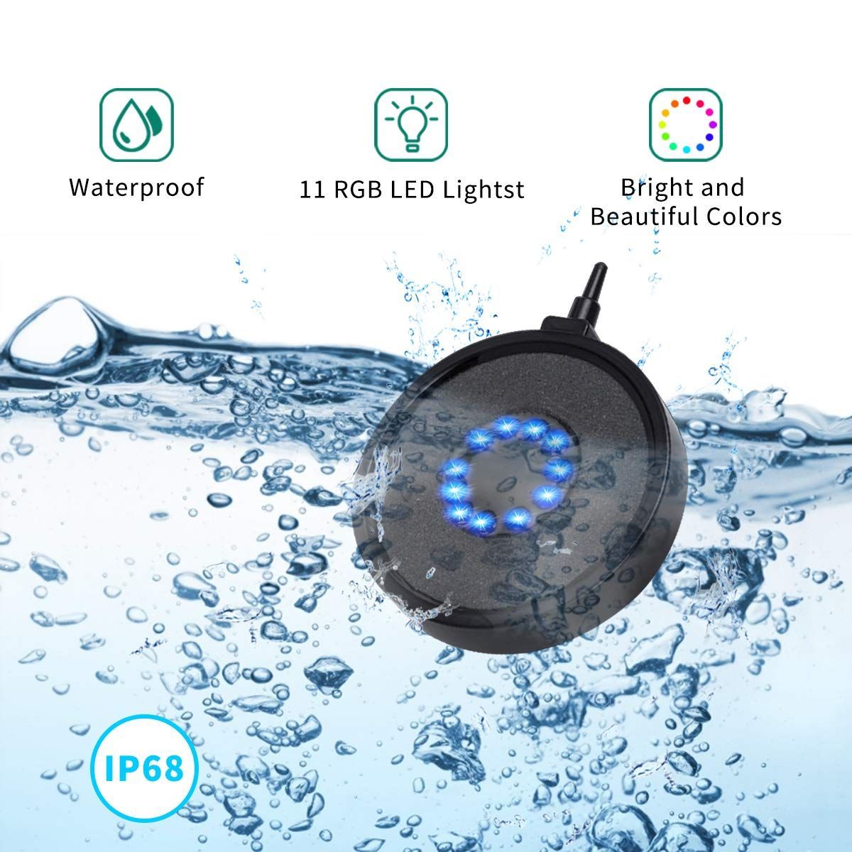 LED Aquarium Bubble Light & Air Stone Bubbler with Remote – 16 Colors & 4 Lighting Effects for Fish Tanks & Ponds