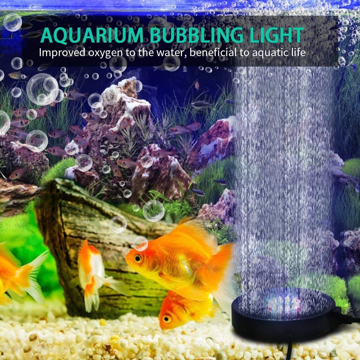 LED Aquarium Bubble Light & Air Stone Bubbler with Remote – 16 Colors & 4 Lighting Effects for Fish Tanks & Ponds