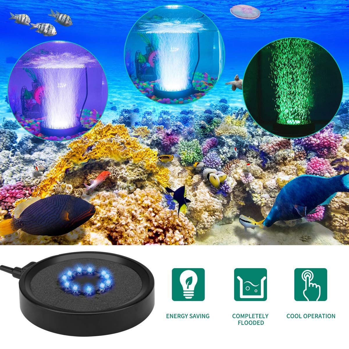 LED Aquarium Bubble Light & Air Stone Bubbler with Remote – 16 Colors & 4 Lighting Effects for Fish Tanks & Ponds