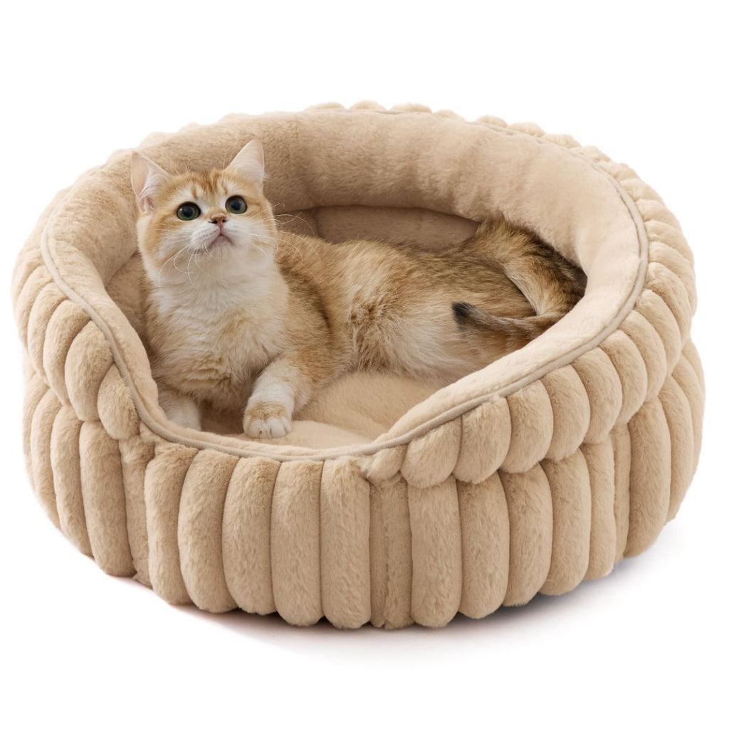 Cat Bed Plush Cat Bed Round Cat Bed Cat Furniture Cat Comfort Pet Supplies - Beige / 20in