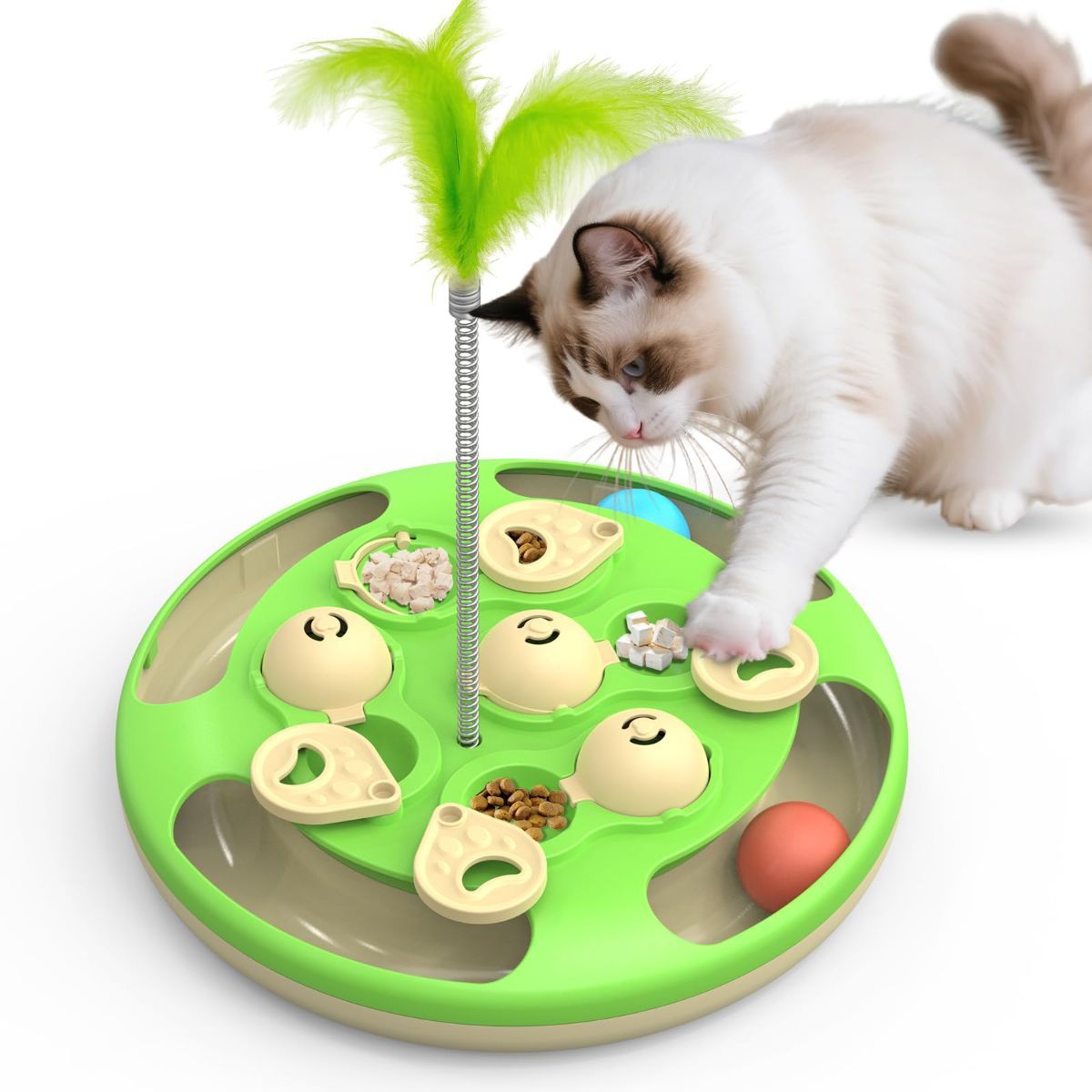 3-in-1 Interactive Cat Puzzle Toy with Treat Feeder, Trackball & Feather Teaser – Slow Feeder & Mental Stimulation Toy for Indoor Cats
