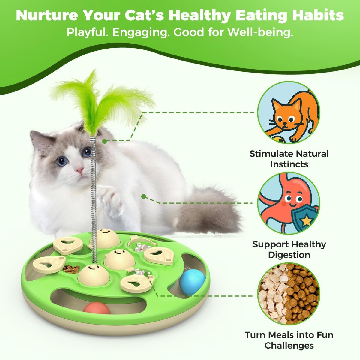 3-in-1 Interactive Cat Puzzle Toy with Treat Feeder, Trackball & Feather Teaser – Slow Feeder & Mental Stimulation Toy for Indoor Cats