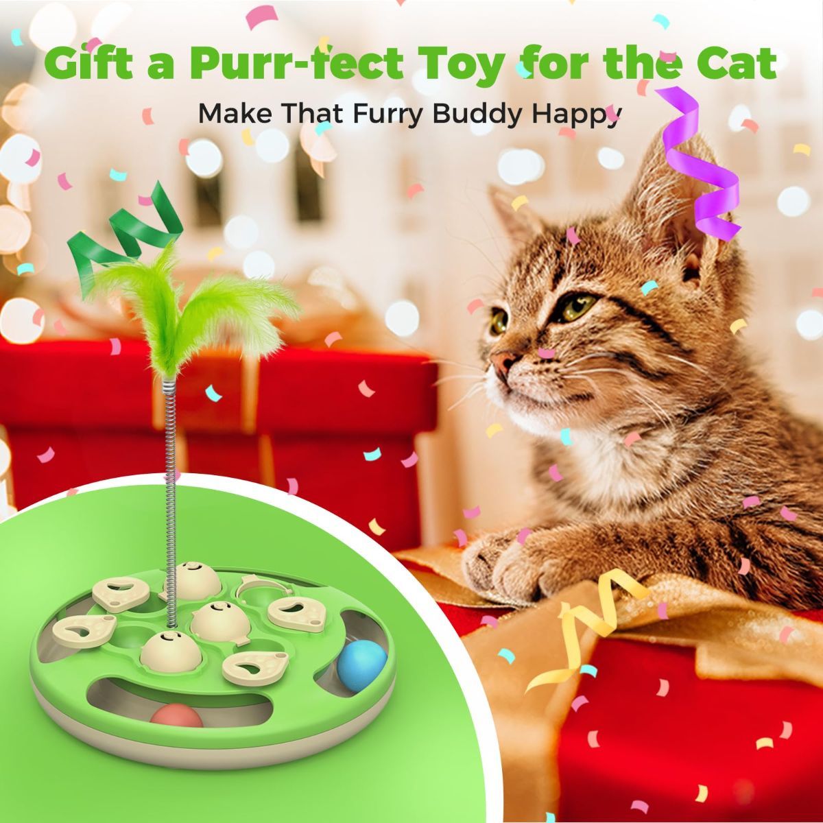 3-in-1 Interactive Cat Puzzle Toy with Treat Feeder, Trackball & Feather Teaser – Slow Feeder & Mental Stimulation Toy for Indoor Cats