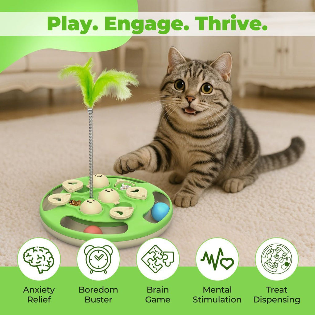 3-in-1 Interactive Cat Puzzle Toy with Treat Feeder, Trackball & Feather Teaser – Slow Feeder & Mental Stimulation Toy for Indoor Cats