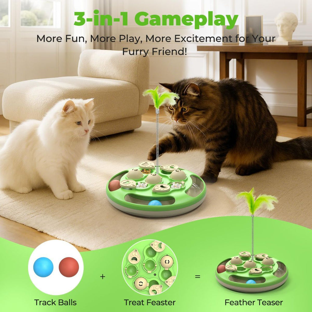3-in-1 Interactive Cat Puzzle Toy with Treat Feeder, Trackball & Feather Teaser – Slow Feeder & Mental Stimulation Toy for Indoor Cats