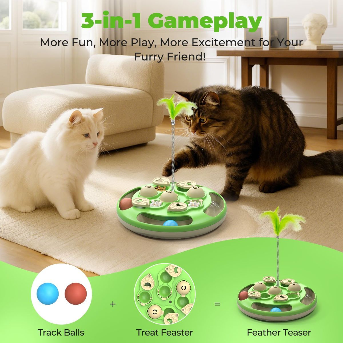 3-in-1 Interactive Cat Puzzle Toy with Treat Feeder, Trackball & Feather Teaser – Slow Feeder & Mental Stimulation Toy for Indoor Cats