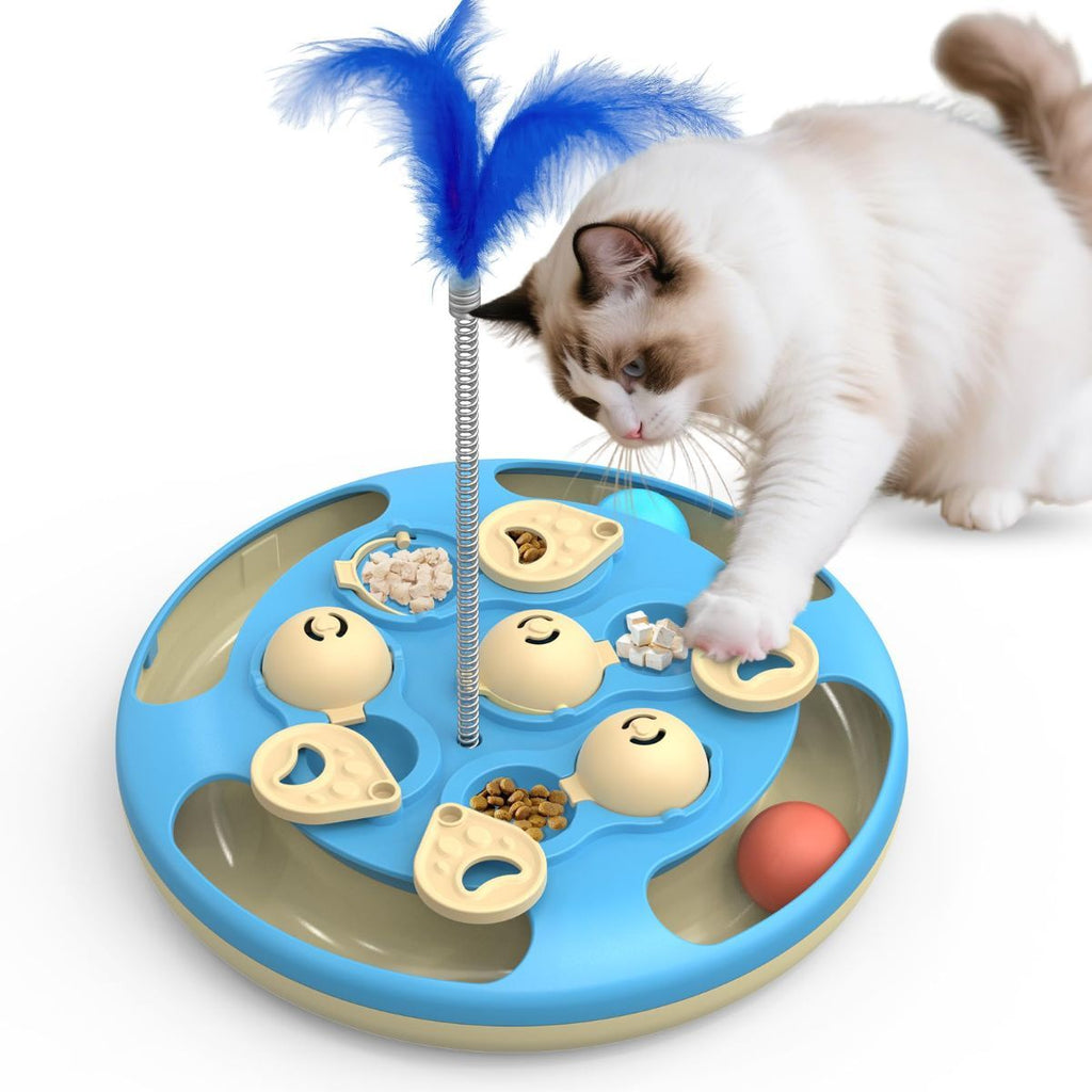 3-in-1 Interactive Cat Puzzle Toy with Treat Feeder, Trackball & Feather Teaser – Slow Feeder & Mental Stimulation Toy for Indoor Cats