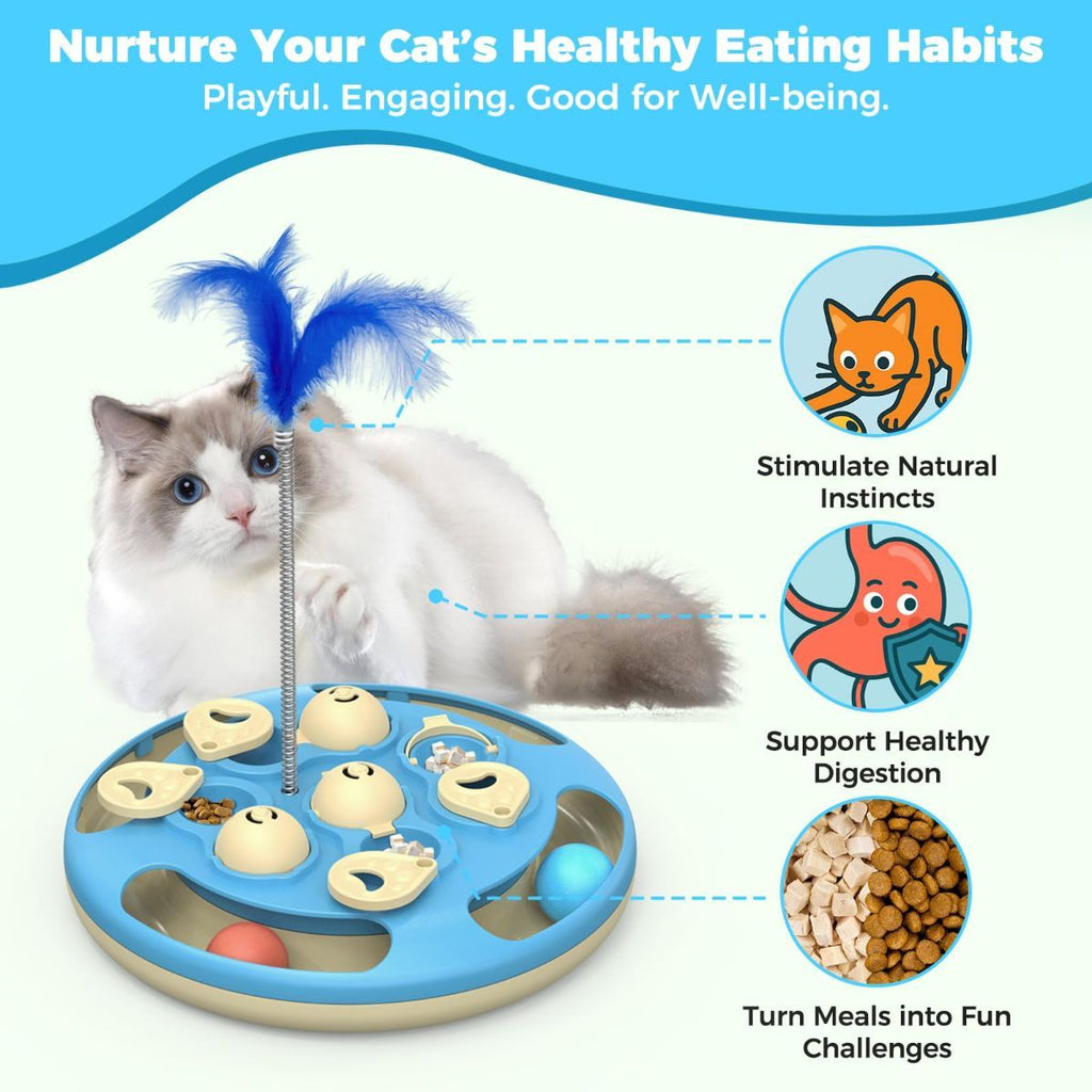 3-in-1 Interactive Cat Puzzle Toy with Treat Feeder, Trackball & Feather Teaser – Slow Feeder & Mental Stimulation Toy for Indoor Cats