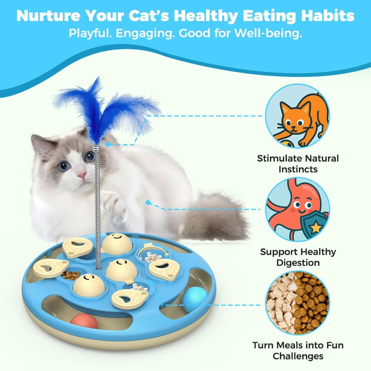 3-in-1 Interactive Cat Puzzle Toy with Treat Feeder, Trackball & Feather Teaser – Slow Feeder & Mental Stimulation Toy for Indoor Cats