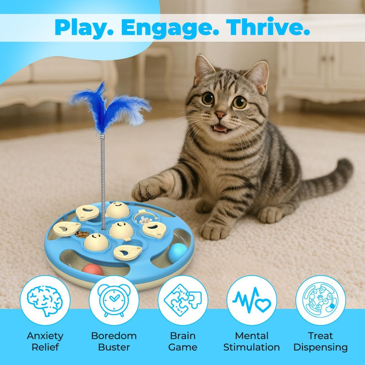 3-in-1 Interactive Cat Puzzle Toy with Treat Feeder, Trackball & Feather Teaser – Slow Feeder & Mental Stimulation Toy for Indoor Cats
