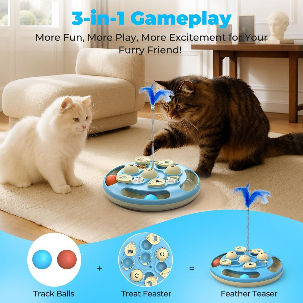 3-in-1 Interactive Cat Puzzle Toy with Treat Feeder, Trackball & Feather Teaser – Slow Feeder & Mental Stimulation Toy for Indoor Cats