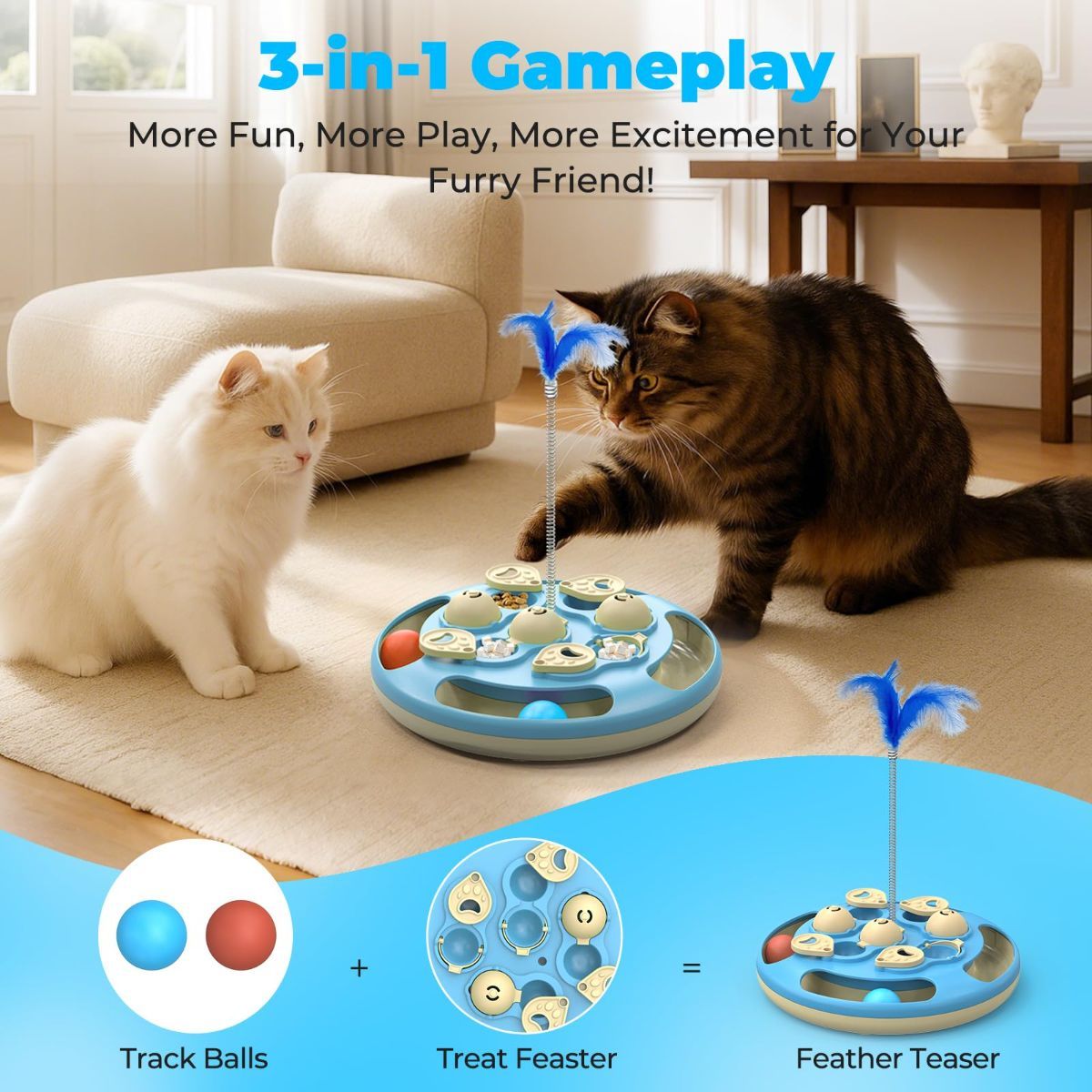 3-in-1 Interactive Cat Puzzle Toy with Treat Feeder, Trackball & Feather Teaser – Slow Feeder & Mental Stimulation Toy for Indoor Cats