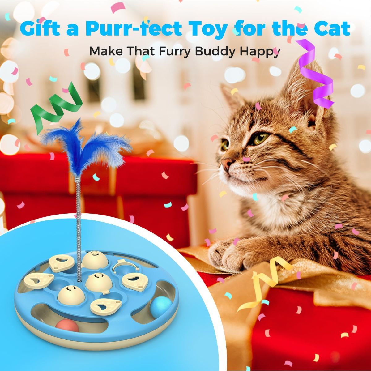 3-in-1 Interactive Cat Puzzle Toy with Treat Feeder, Trackball & Feather Teaser – Slow Feeder & Mental Stimulation Toy for Indoor Cats