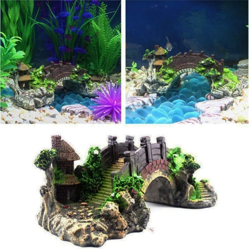 Aquarium Bridge Ornament,Fish Tank Landscape Decor Aquarium Resin Bridge Fish Tank Arch Pavilion Tree Garden Aquarium