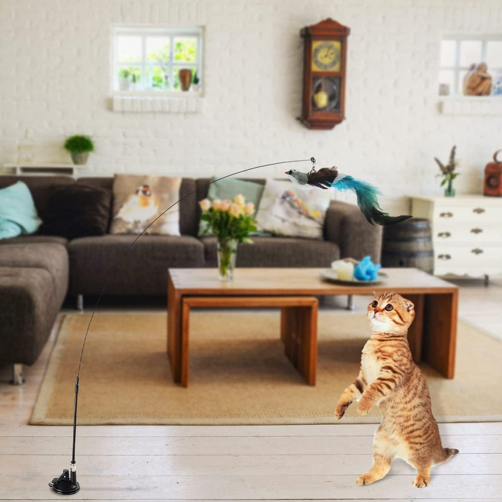 Interactive Cat Fishing Rod Toy with Suction Cup Base & 2 Extra Spring Heads – Self-Play Exercise Toy for Indoor Cats