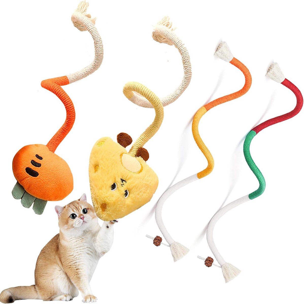 4-Piece Cat Dental Cleaning Chew Rope Toys with Catnip – Interactive Cotton Ropes for Indoor Cats & Kittens, Self-Play Toy – Yellow & Orange