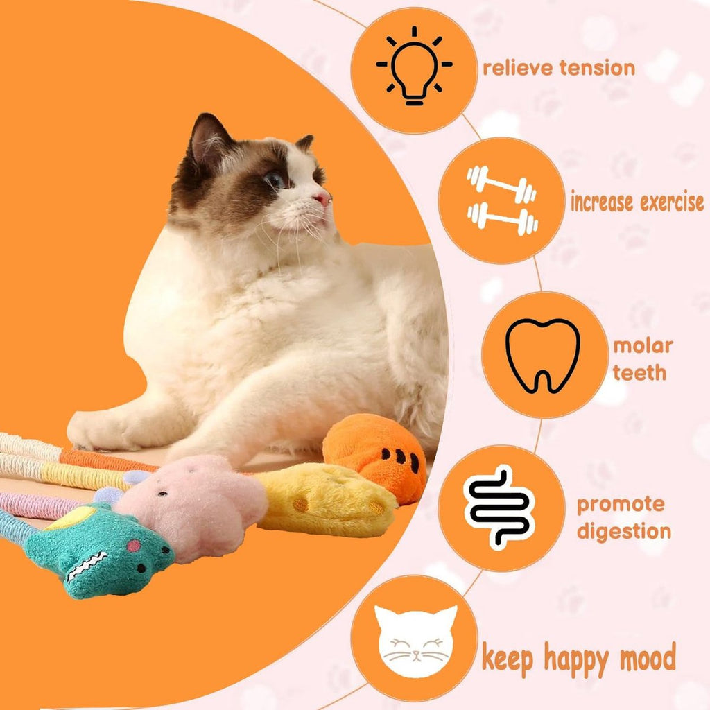 4-Piece Cat Dental Cleaning Chew Rope Toys with Catnip – Interactive Cotton Ropes for Indoor Cats & Kittens, Self-Play Toy – Yellow & Orange