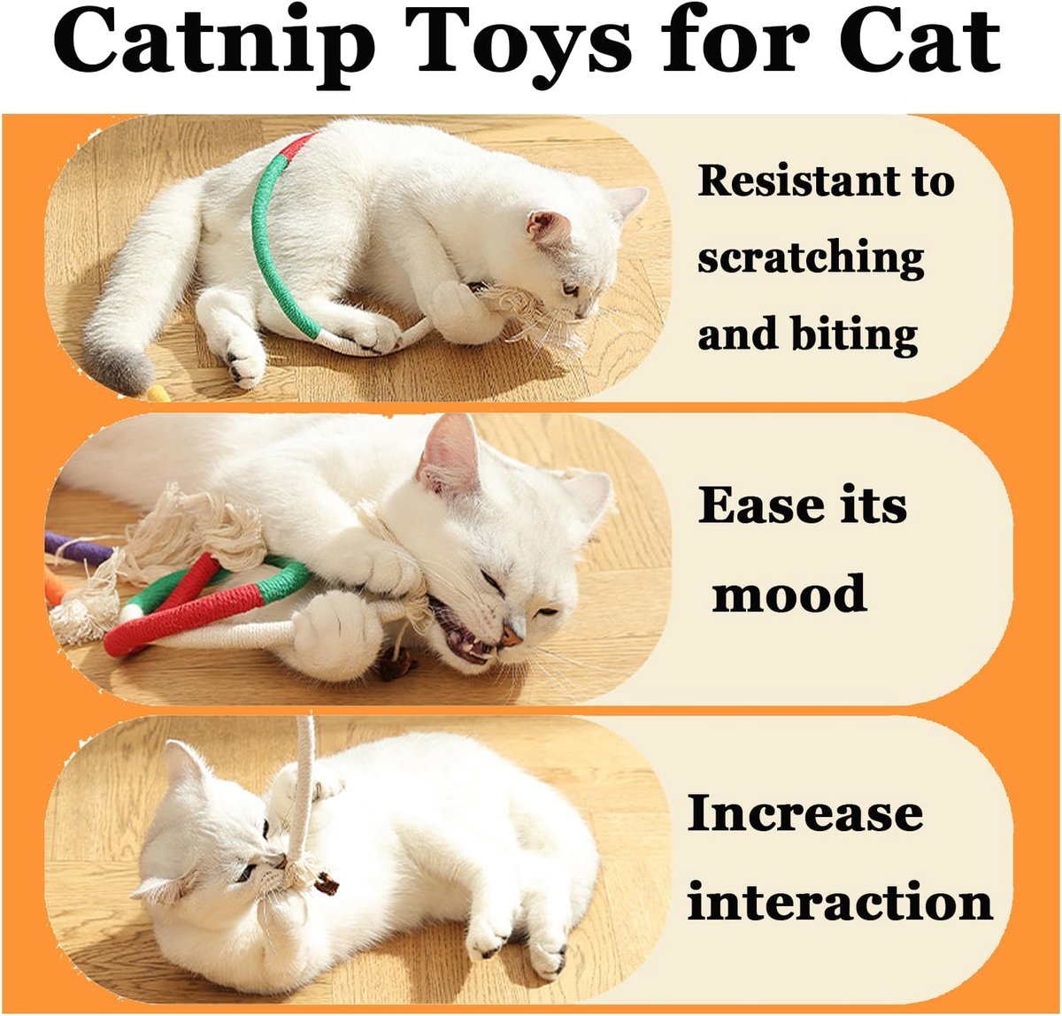 4-Piece Cat Dental Cleaning Chew Rope Toys with Catnip – Interactive Cotton Ropes for Indoor Cats & Kittens, Self-Play Toy – Yellow & Orange