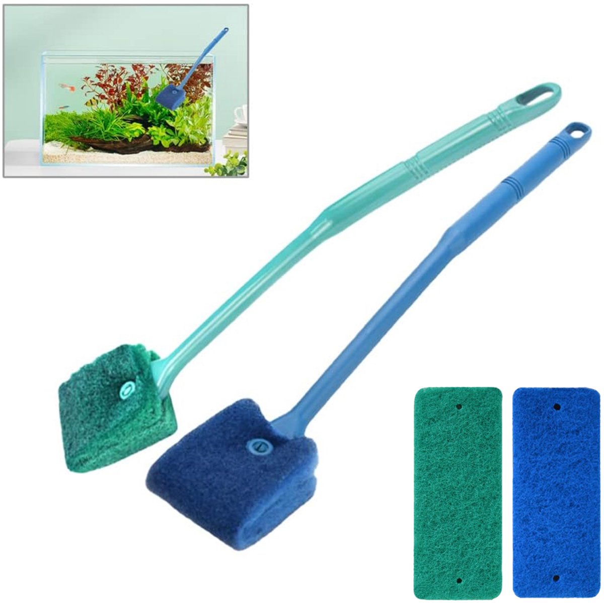 2-Piece Aquarium Cleaning Brush Set with 40cm Handle & 2 Replacement Cloths – Long-Handle Sponge Algae Cleaner, Blue & Green