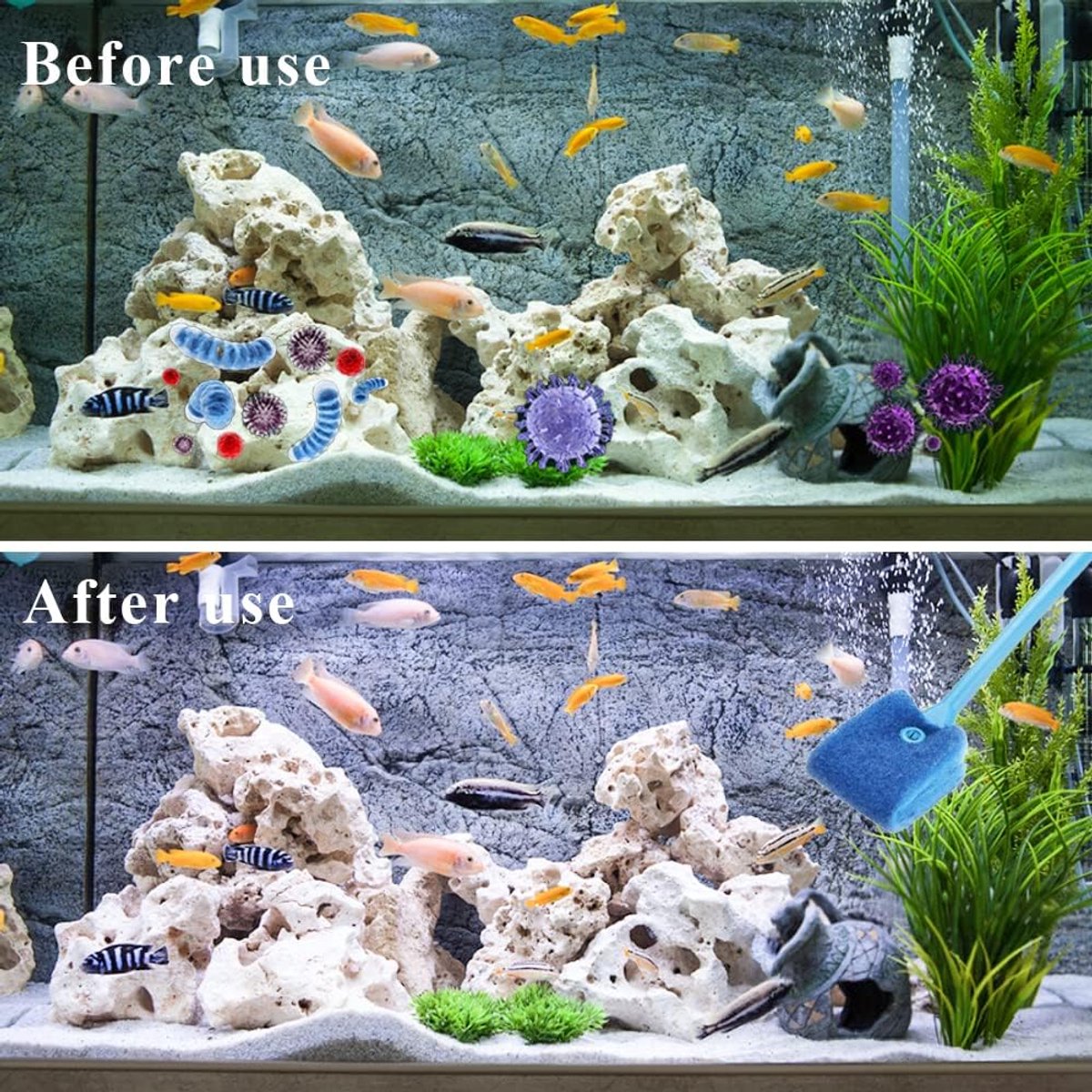 2-Piece Aquarium Cleaning Brush Set with 40cm Handle & 2 Replacement Cloths – Long-Handle Sponge Algae Cleaner, Blue & Green