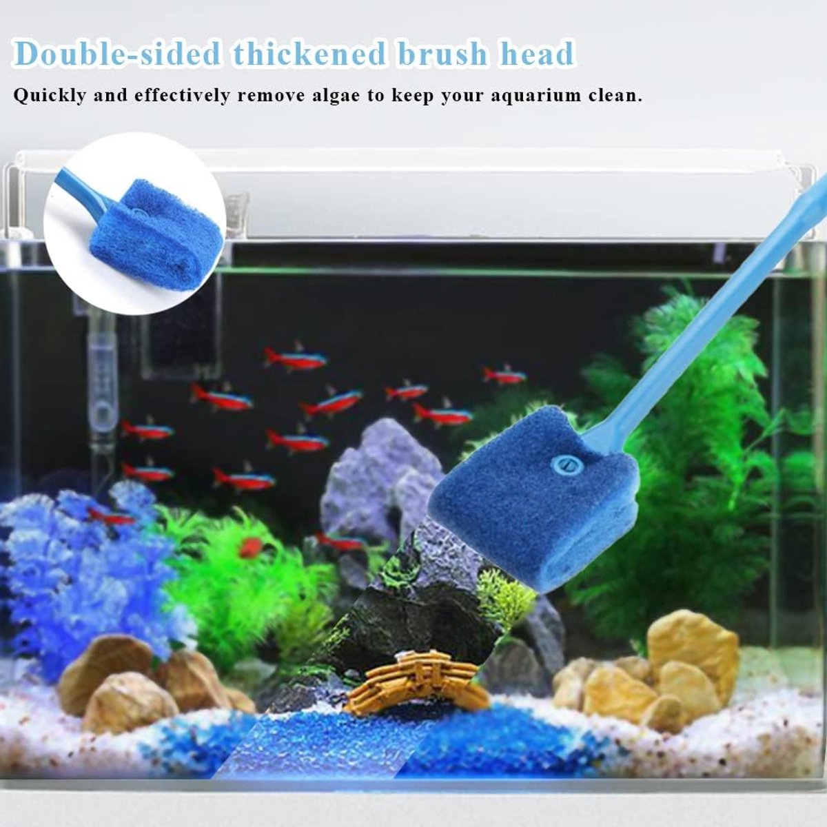 2-Piece Aquarium Cleaning Brush Set with 40cm Handle & 2 Replacement Cloths – Long-Handle Sponge Algae Cleaner, Blue & Green