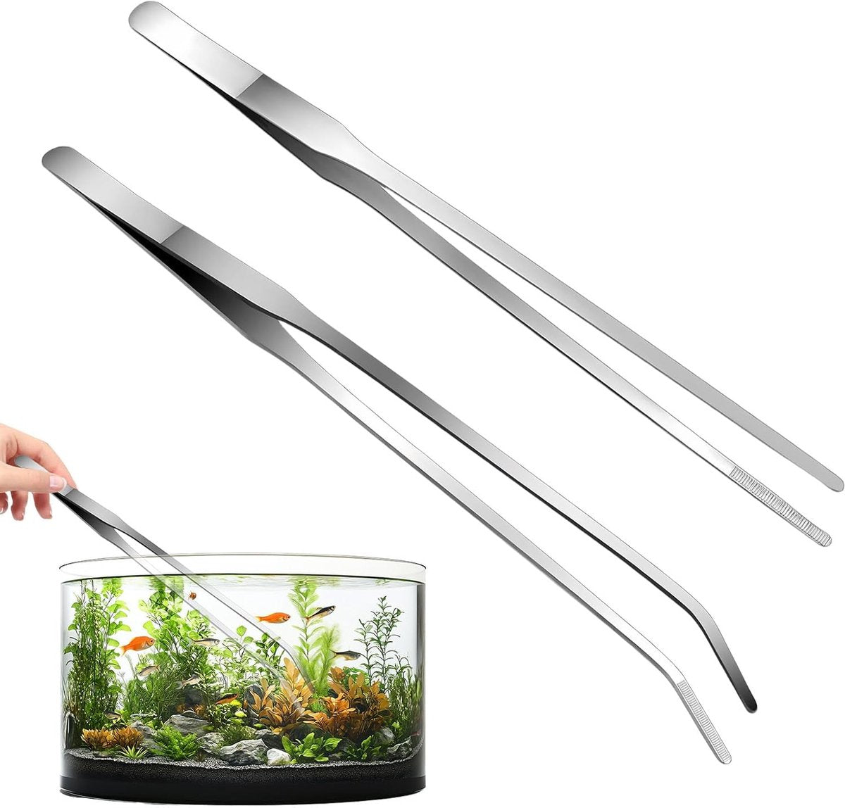 2-Pack Curved Aquarium Tweezers – 27cm Stainless Steel Straight & Curved Tweezers for Fish Tanks, Lizards & Spiders