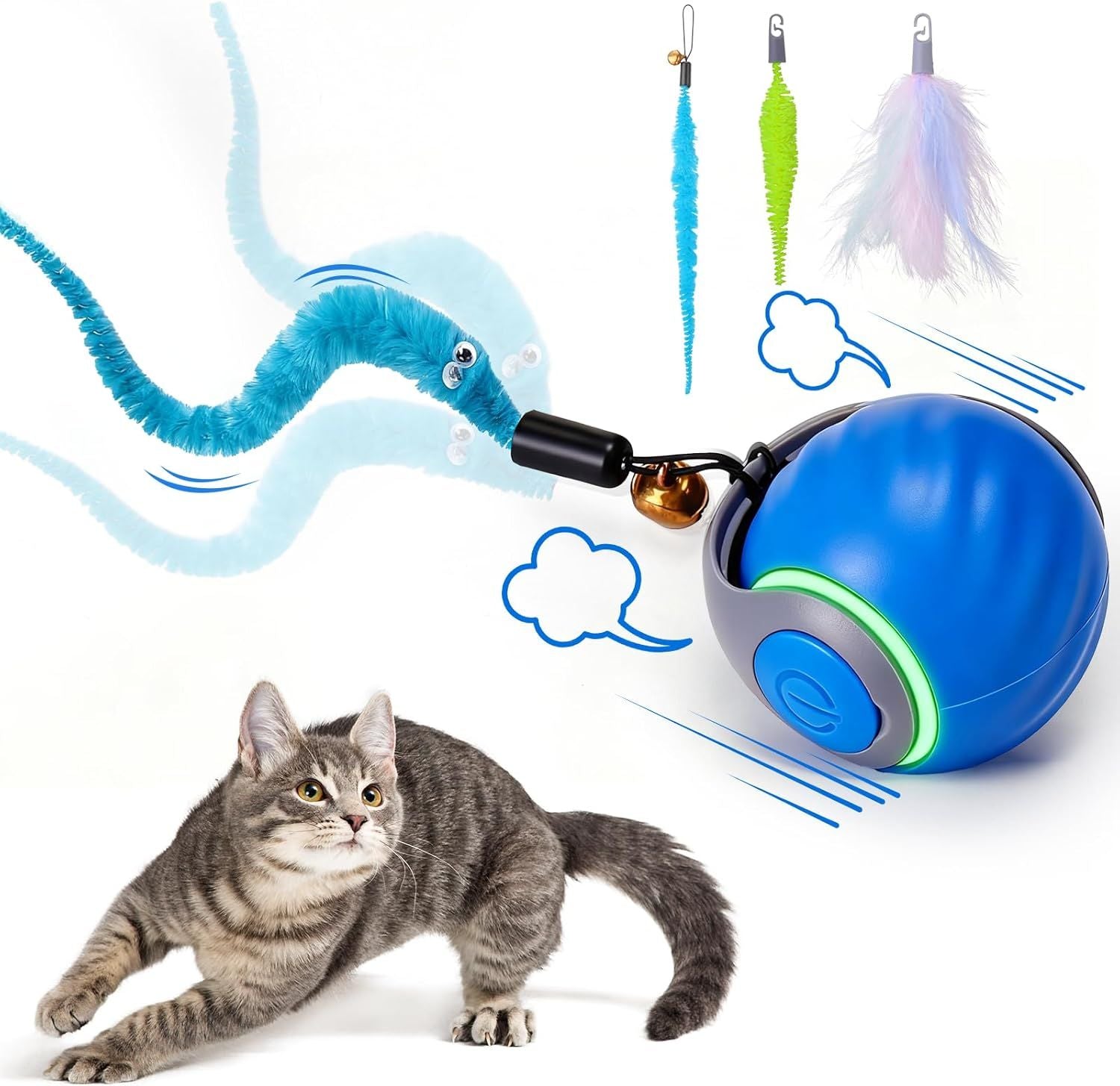 Interactive Cat Toy Ball - Automatic Interactive Cat Toys for Indoor Cats with 3 Tails, 2 Speeds Rechargeable Cat Enrichment Toys for, Blue