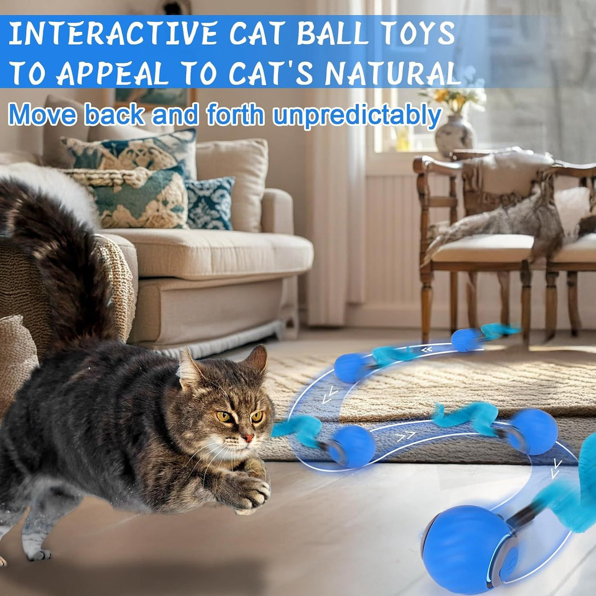 Interactive Cat Toy Ball - Automatic Interactive Cat Toys for Indoor Cats with 3 Tails, 2 Speeds Rechargeable Cat Enrichment Toys for, Blue