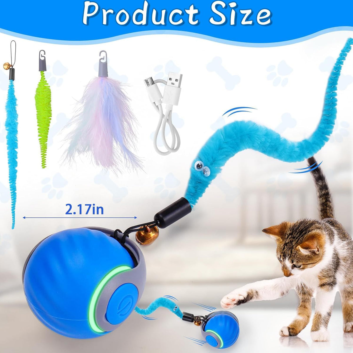 Interactive Cat Toy Ball - Automatic Interactive Cat Toys for Indoor Cats with 3 Tails, 2 Speeds Rechargeable Cat Enrichment Toys for, Blue