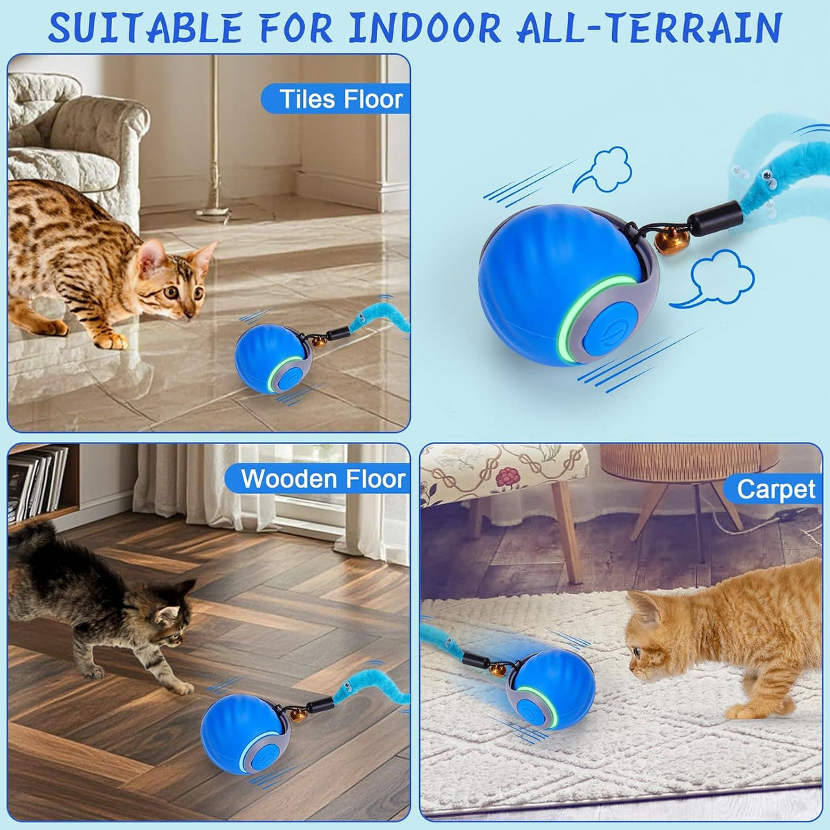 Interactive Cat Toy Ball - Automatic Interactive Cat Toys for Indoor Cats with 3 Tails, 2 Speeds Rechargeable Cat Enrichment Toys for, Blue