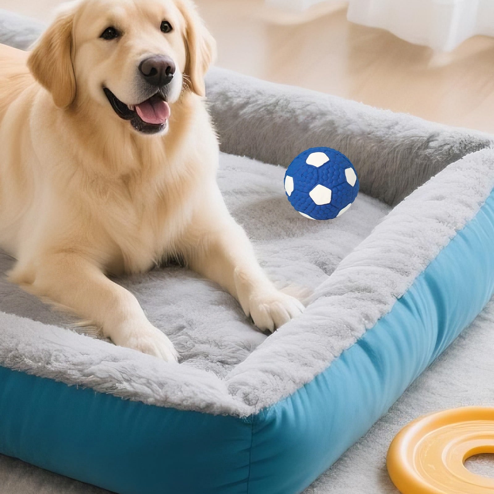 Blue Soccer Ball Rubber Dog Chew Toy with Squeaker – Durable Interactive Toy for Medium & Large Dogs, Size L