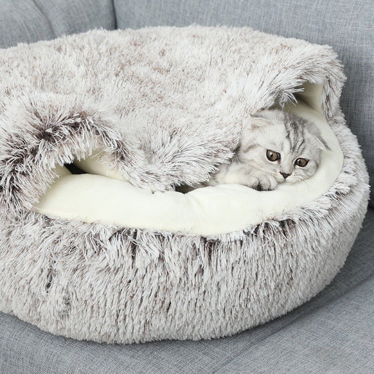 Calming Dog Beds & Cat Cave Bed with Hooded Cover, Removable Washable Round Beds for Small Medium Pets, Anti-Slip Plush Coved Bed for Pet (20"x20") O