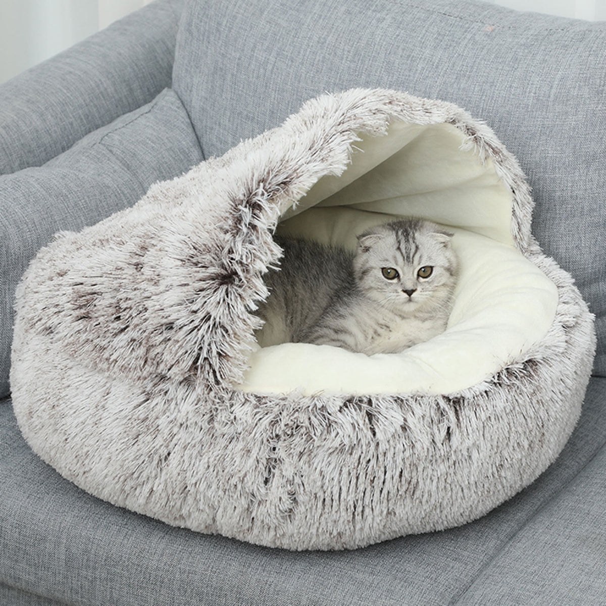 Calming Dog Beds & Cat Cave Bed with Hooded Cover, Removable Washable Round Beds for Small Medium Pets, Anti-Slip Plush Coved Bed for Pet (20"x20") O
