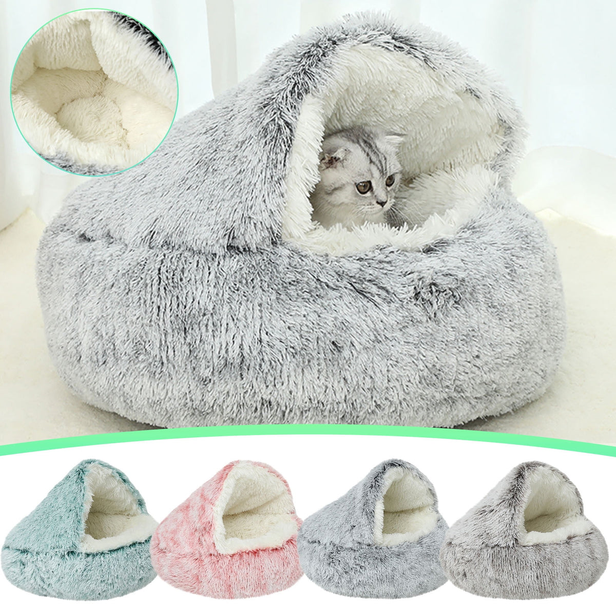 Calming Dog Beds & Cat Cave Bed with Hooded Cover, Removable Washable Round Beds for Small Medium Pets, Anti-Slip Plush Coved Bed for Pet (20"x20") P