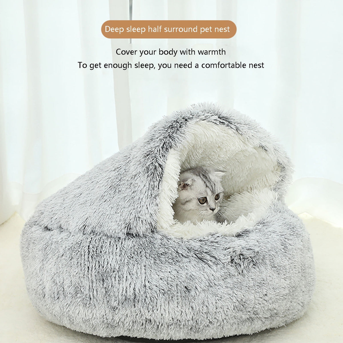 Calming Dog Beds & Cat Cave Bed with Hooded Cover, Removable Washable Round Beds for Small Medium Pets, Anti-Slip Plush Coved Bed for Pet (20"x20") P