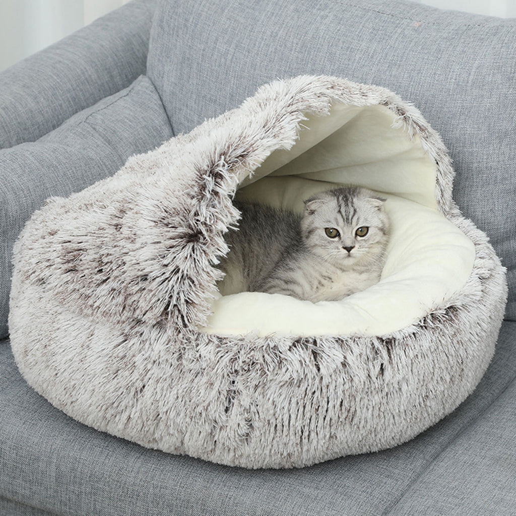 Calming Dog Beds & Cat Cave Bed with Hooded Cover, Removable Washable Round Beds for Small Medium Pets, Anti-Slip Plush Coved Bed for Pet (20"x20") P
