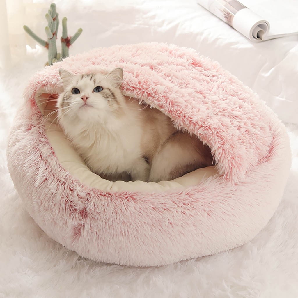 Round Plush Hooded Cat Cave Bed with Waterproof Bottom & Washable Cover – Pink, 16 x 16in