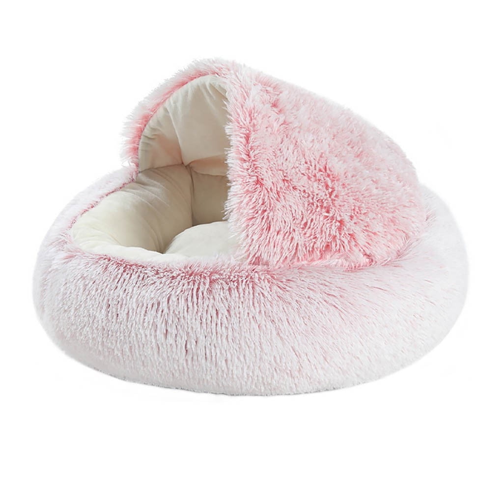 Round Plush Hooded Cat Cave Bed with Waterproof Bottom & Washable Cover – Pink, 16 x 16in