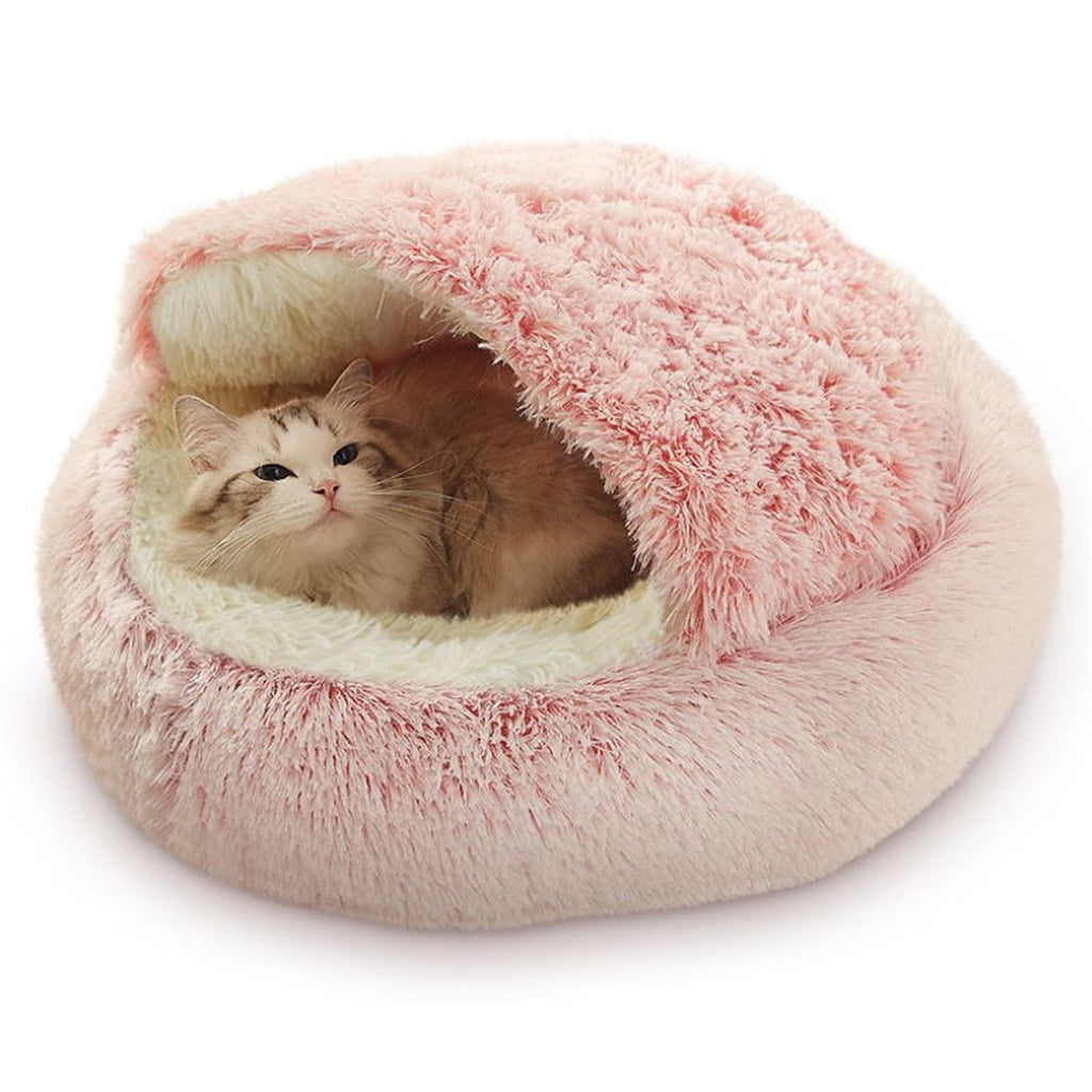 Round Plush Hooded Cat Cave Bed with Waterproof Bottom & Washable Cover – Purple, 16 x 16in