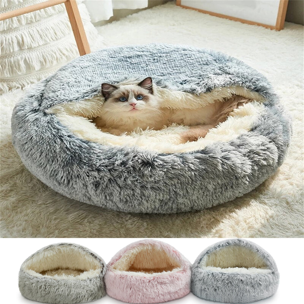 Round Plush Hooded Cat Cave Bed with Waterproof Bottom & Washable Cover – Purple, 16 x 16in