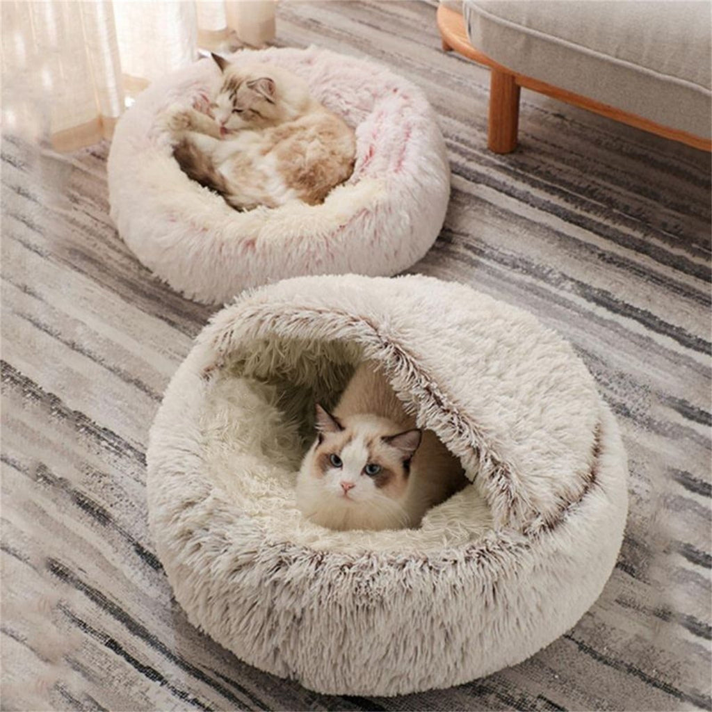 Round Plush Hooded Cat Cave Bed with Waterproof Bottom & Washable Cover – Purple, 16 x 16in