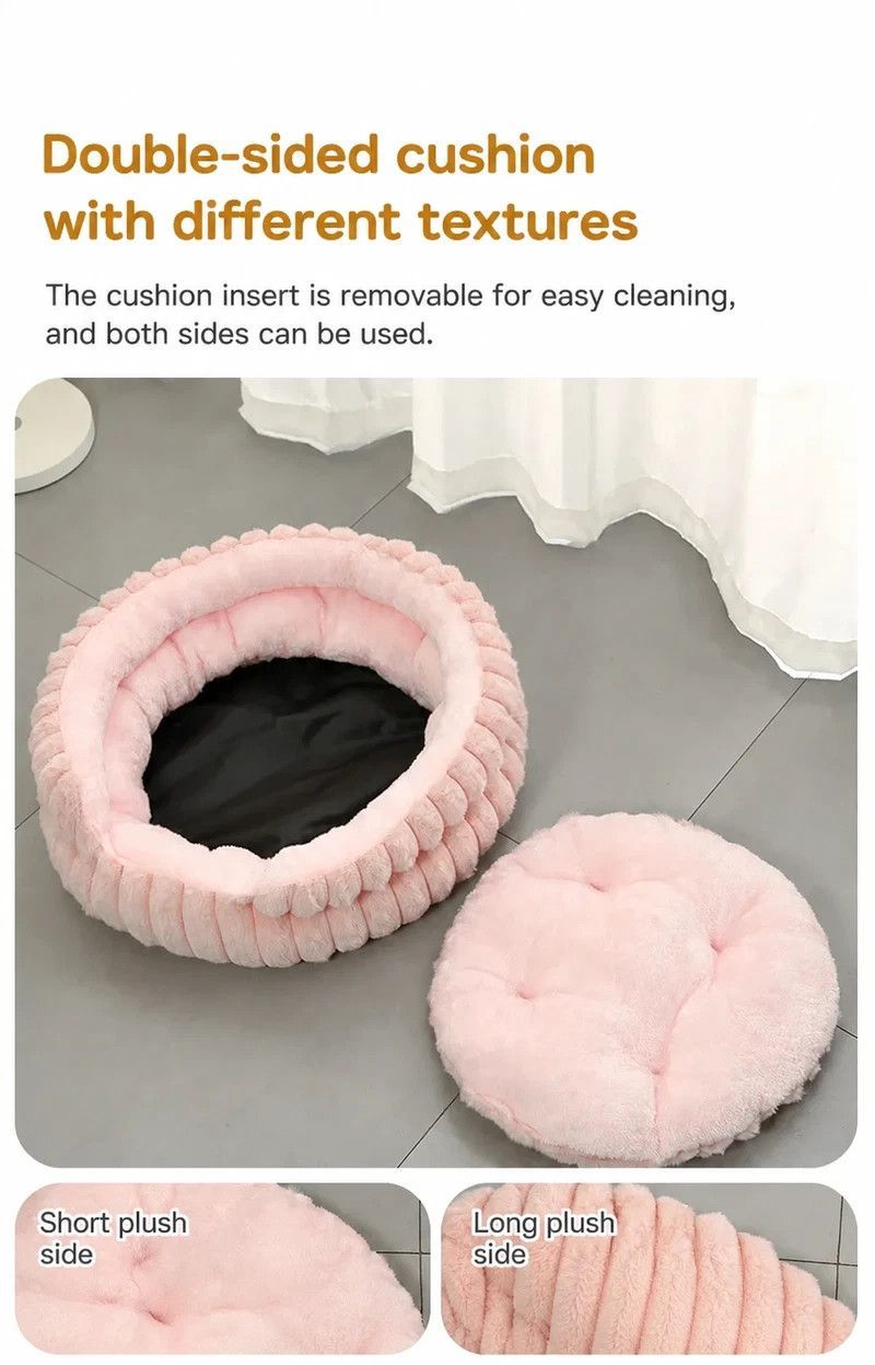 Round Plush Pet Bed with Removable Cover – Coffee, XL, 27.56 x 27.56 x 7.09in
