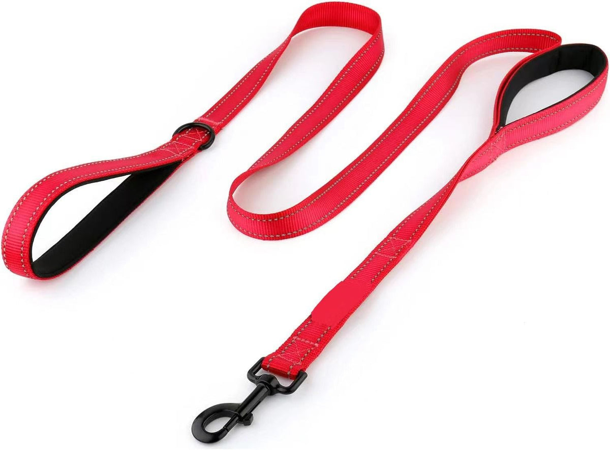 Reflective Dog Leash with Dual Handles - Anti-Shock Nylon Pet Lead for Large Medium Dogs - No-Pull Training Leash - Red 1.5m