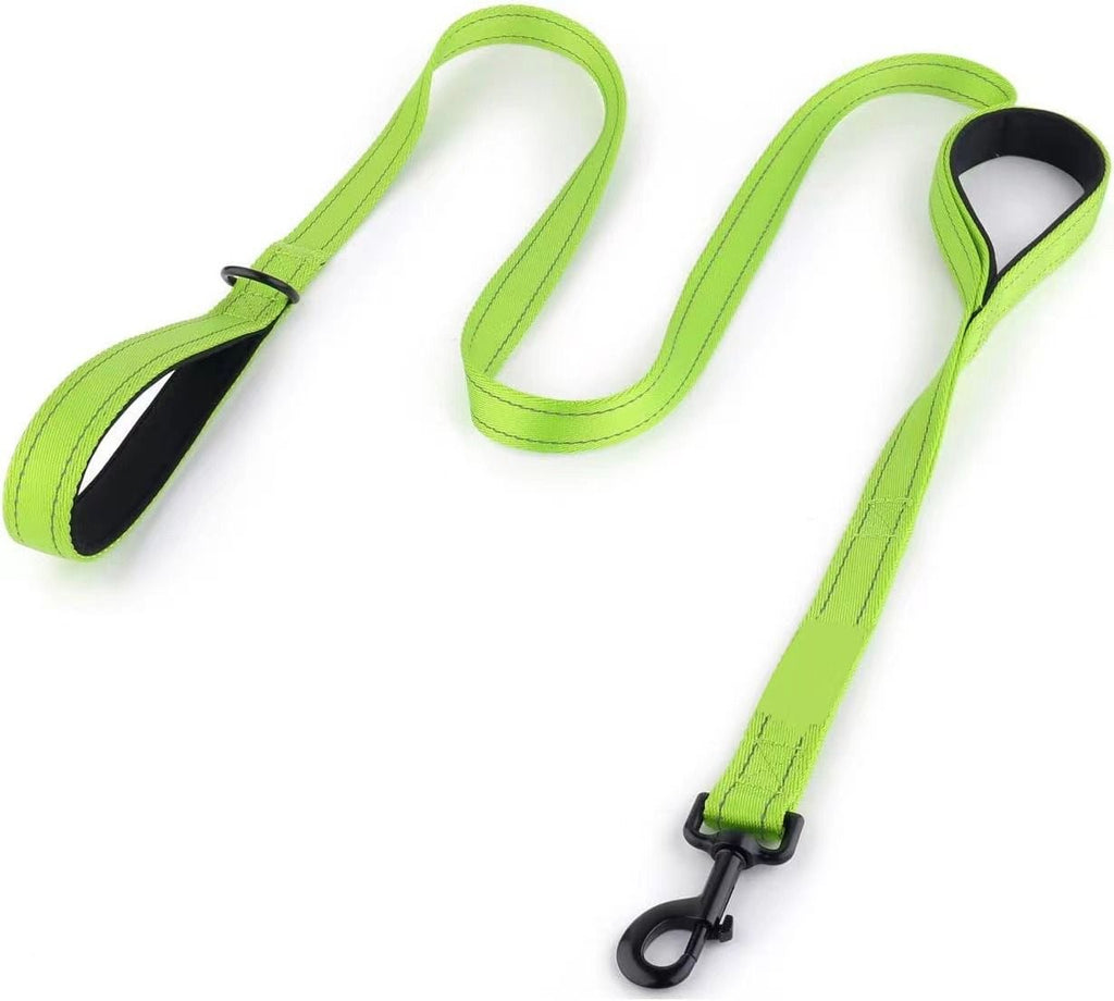 Reflective Dog Leash with Dual Handles - Anti-Shock Nylon Pet Lead for Large Medium Dogs - No-Pull Training Leash - Fluorescent Green 1.5m